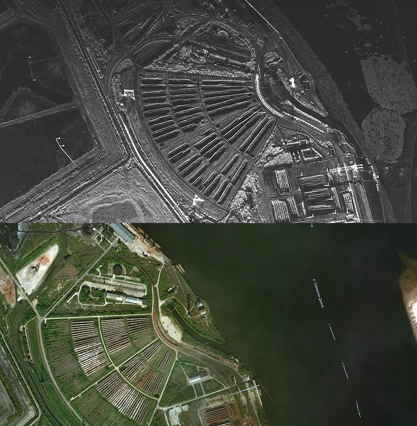 На фотографиях показаны два изображения одной и той же поверхности: вверху — радиолокационное, внизу — фотографическое